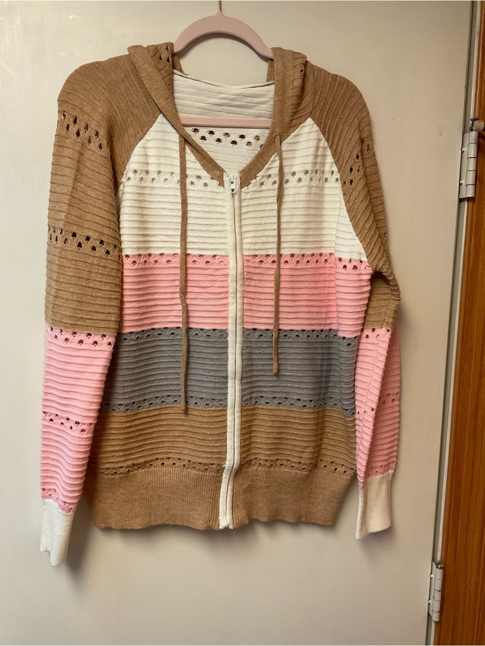 Striped Hooded Zip-Up Cardigan in Tan, Pink, Gray & Cream